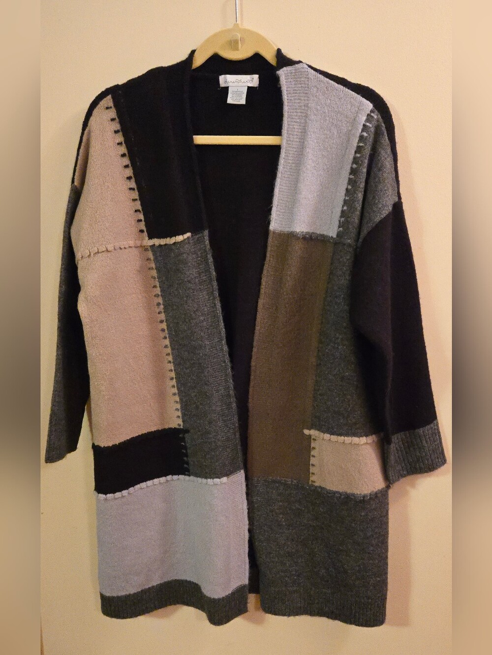 Derek Heart Open Front Patchwork Cardigan Sweater Duster - Colorblock - Size L